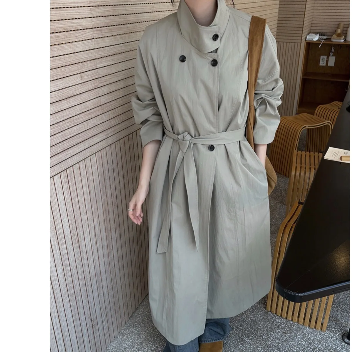 Autumn Winter Korean Style Stand Collar Button Loose Mid-Length Windbreaker Jacket Versatile Casual Long Sleeve High Waist