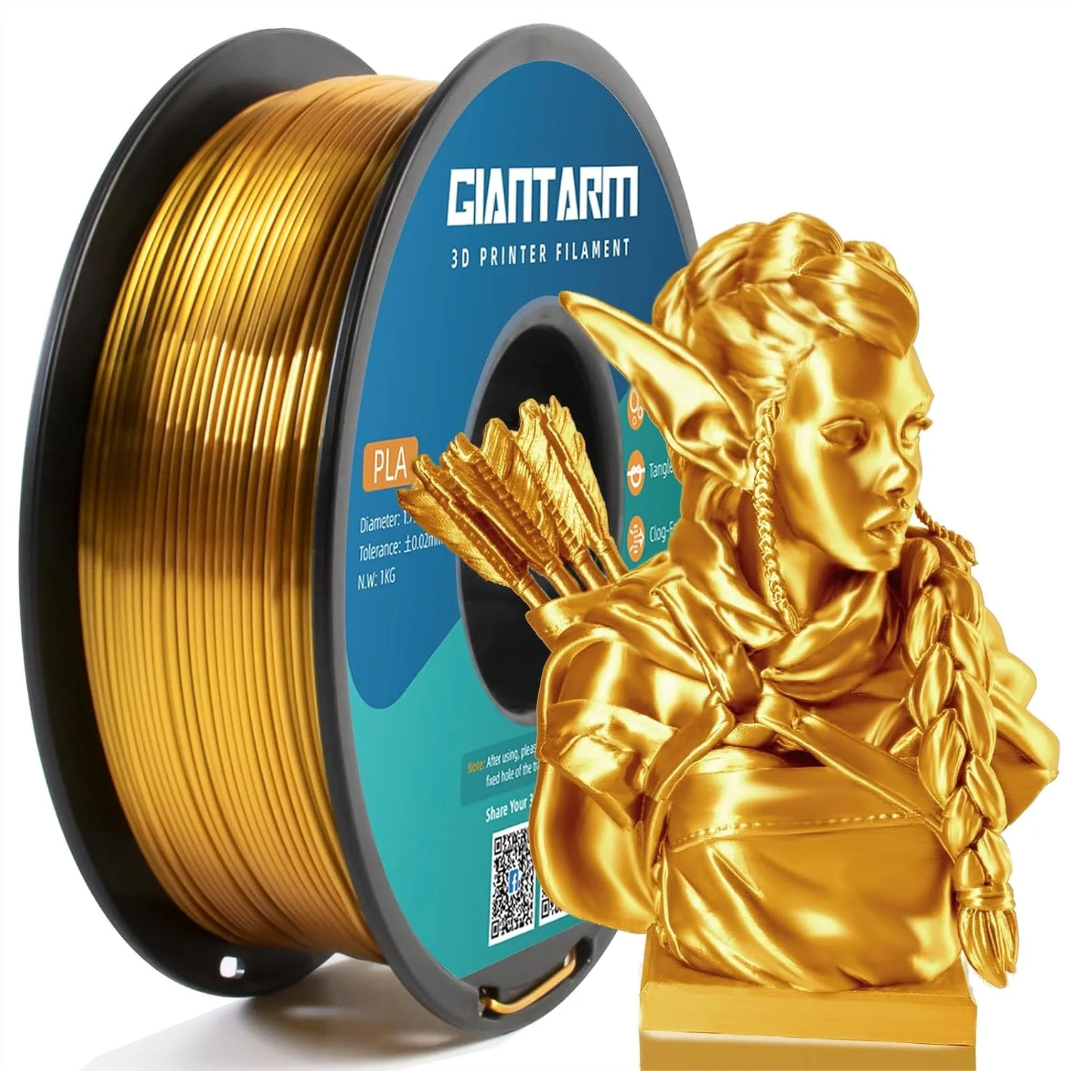 

Silk Gold PLA 3D Printer Filament, 1.75mm +/-0.03mm, 1kg Spool, Shiny Smooth Finish for High Detail Prints