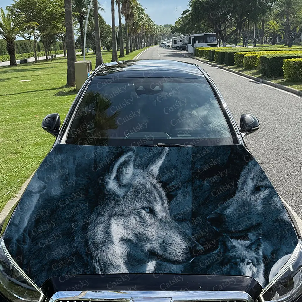 

Car Decal Two Wolves with Gray Textural Artistic Fusion Design, Creating a Mysterious and Somber Visual Car Hood Sticker, Waterp
