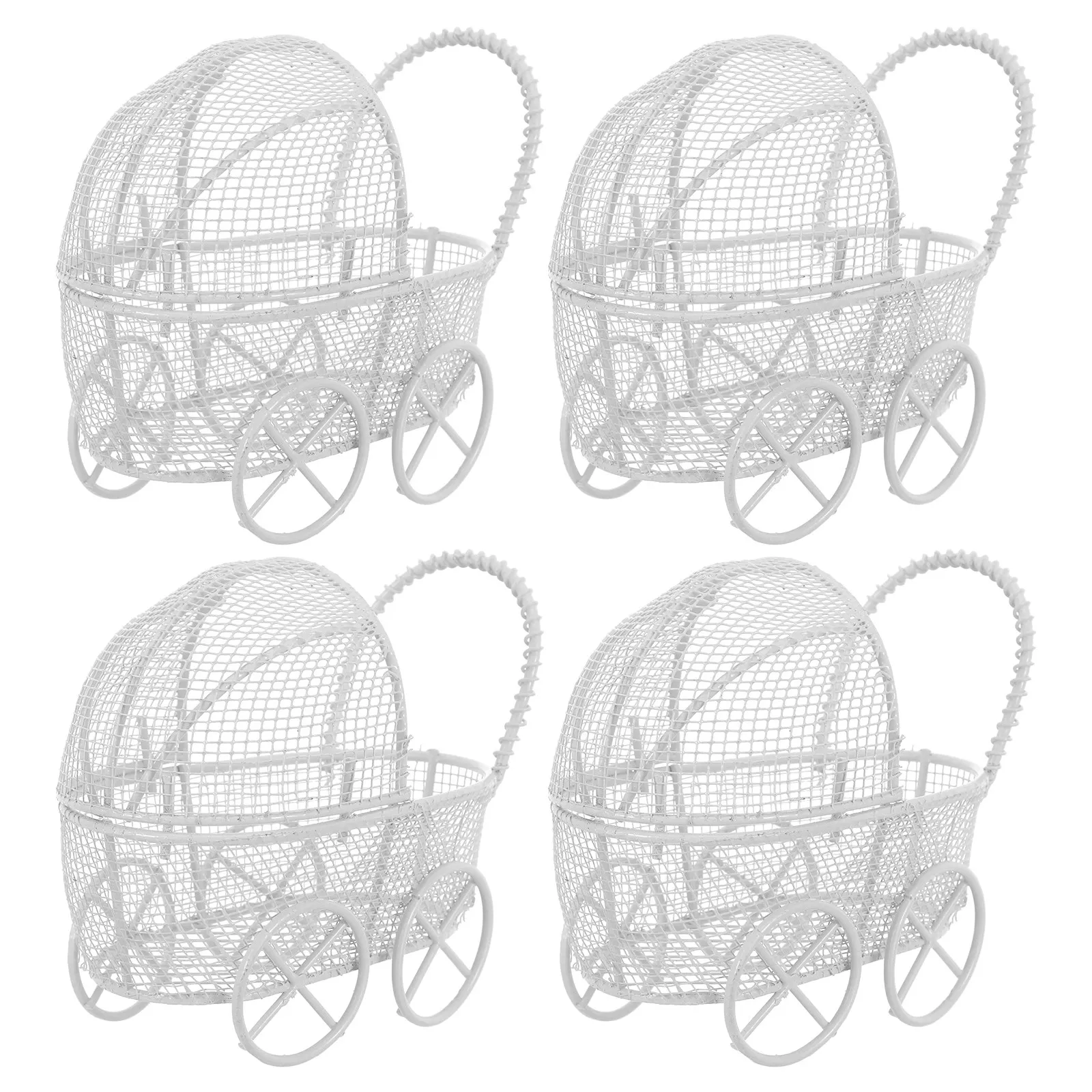 

4pcs Miniature Stroller For Dollhouse Miniature Stroller Iron Simulation Pram Kids Pretend Play Decor Accessories White