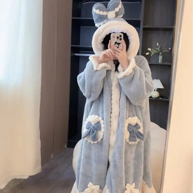 ชุดคลุมอาบน้ำสำหรับผู้หญิง ชุดนอน ชุดนอนฤดูหนาว ชุดนอนน่ารัก ผ้าฟลีซ ชุดนอนแบบชิ้นเดียว ชุดนอนมีฮู้ด แขนยาว ชุดนอนใส่ในบ้าน