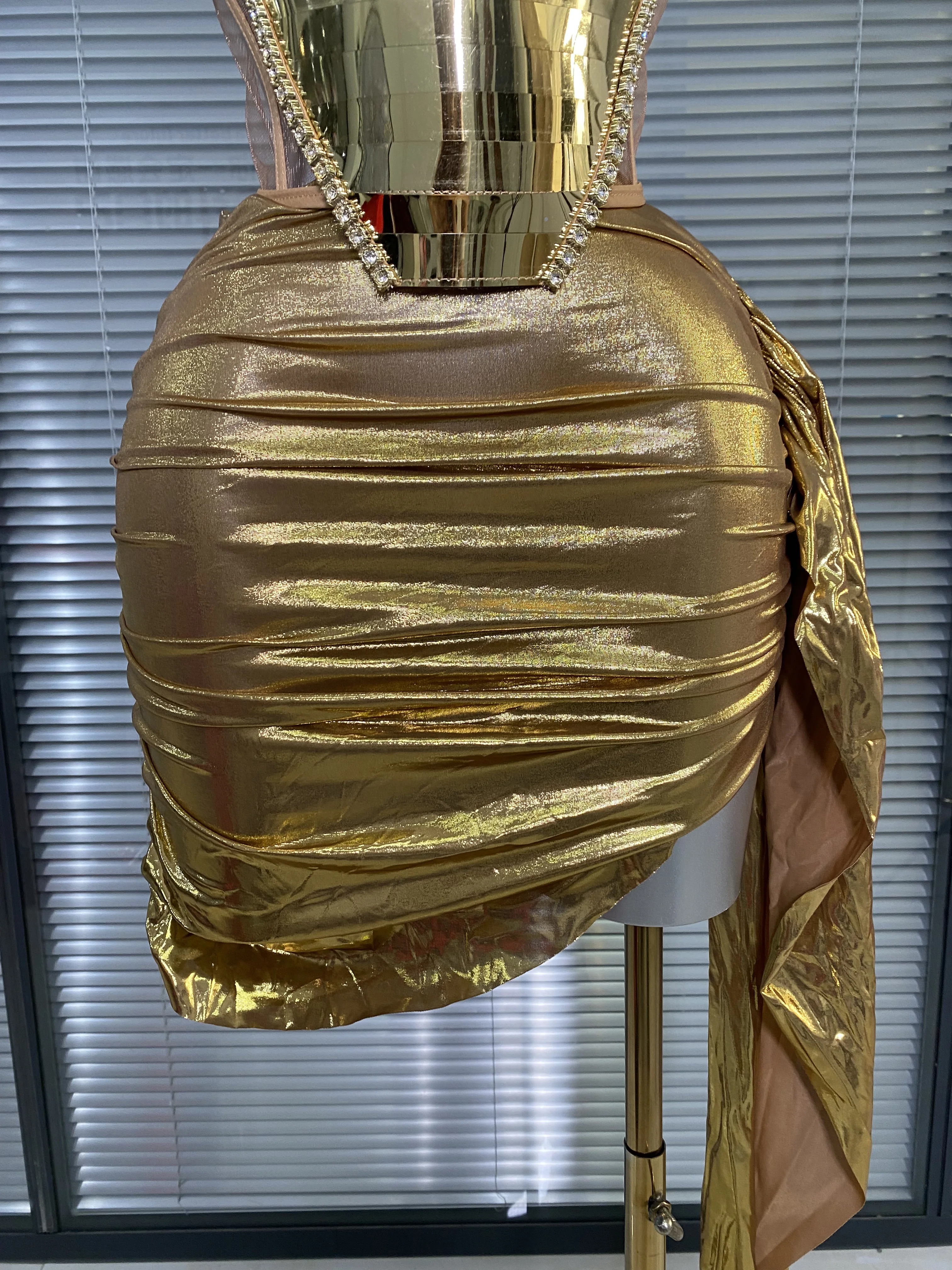 Ensemble deux pièces Sexy Y2K doré pour femmes, diamants en cristal, jupe scintillante pour boîte de nuit, Costume de scène de chanteur et de danseuse réglable