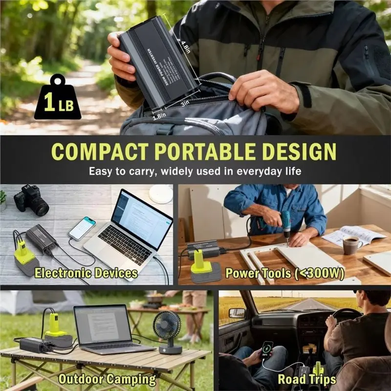 2026 Hot Style Battery Converter, Portable Power Station With Type-C-300W Power Inverter For RYOBI 18V Battery Compatibility
