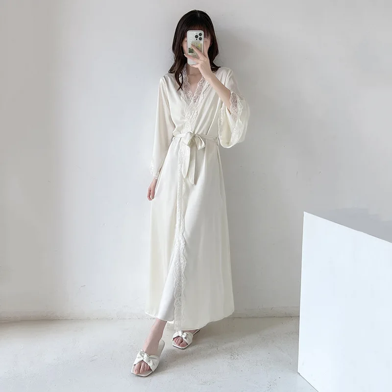 Women Sundress Dress Home Sleepwear Long Bathrobe Palace Loungewear Nightdress Lace Sexy French Princess Nightgown two-piece