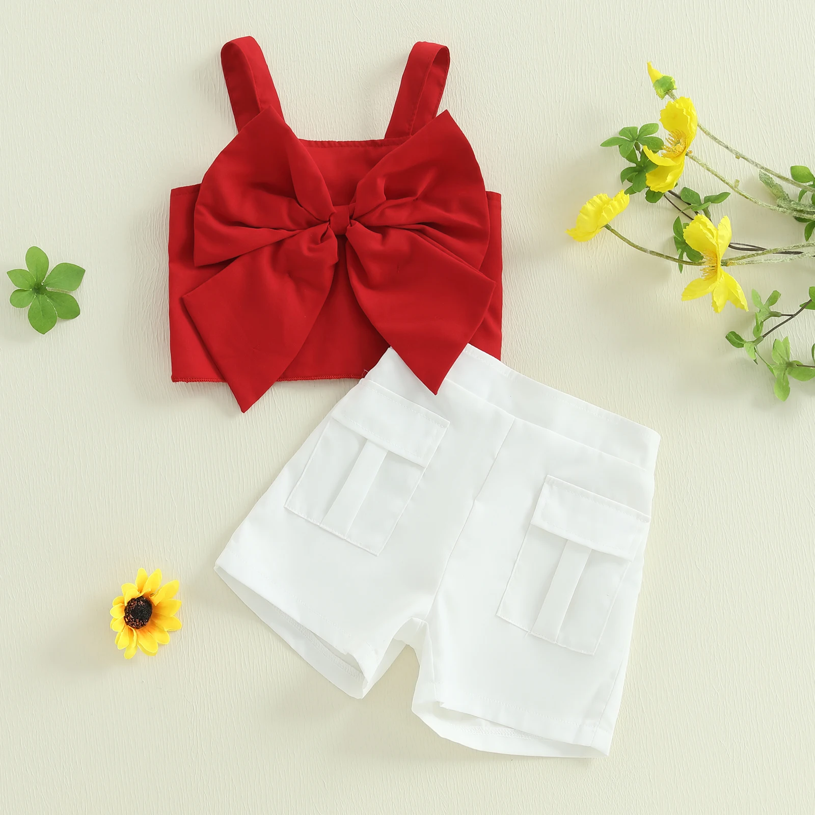 3-6Y Kid Girl Summer Clothes Big Bow Front Camisole Tops Solid Color Pocket Shorts 2 Pcs Set Cute Girls Clothing Set