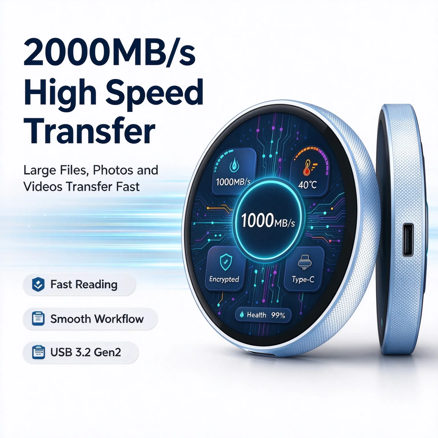 1TB Magnetic Portable SSD with Smart Screen Hardware Encryption 2000MB/s USB 3.2 Gen2 Type-C External Solid State Drive for Phon