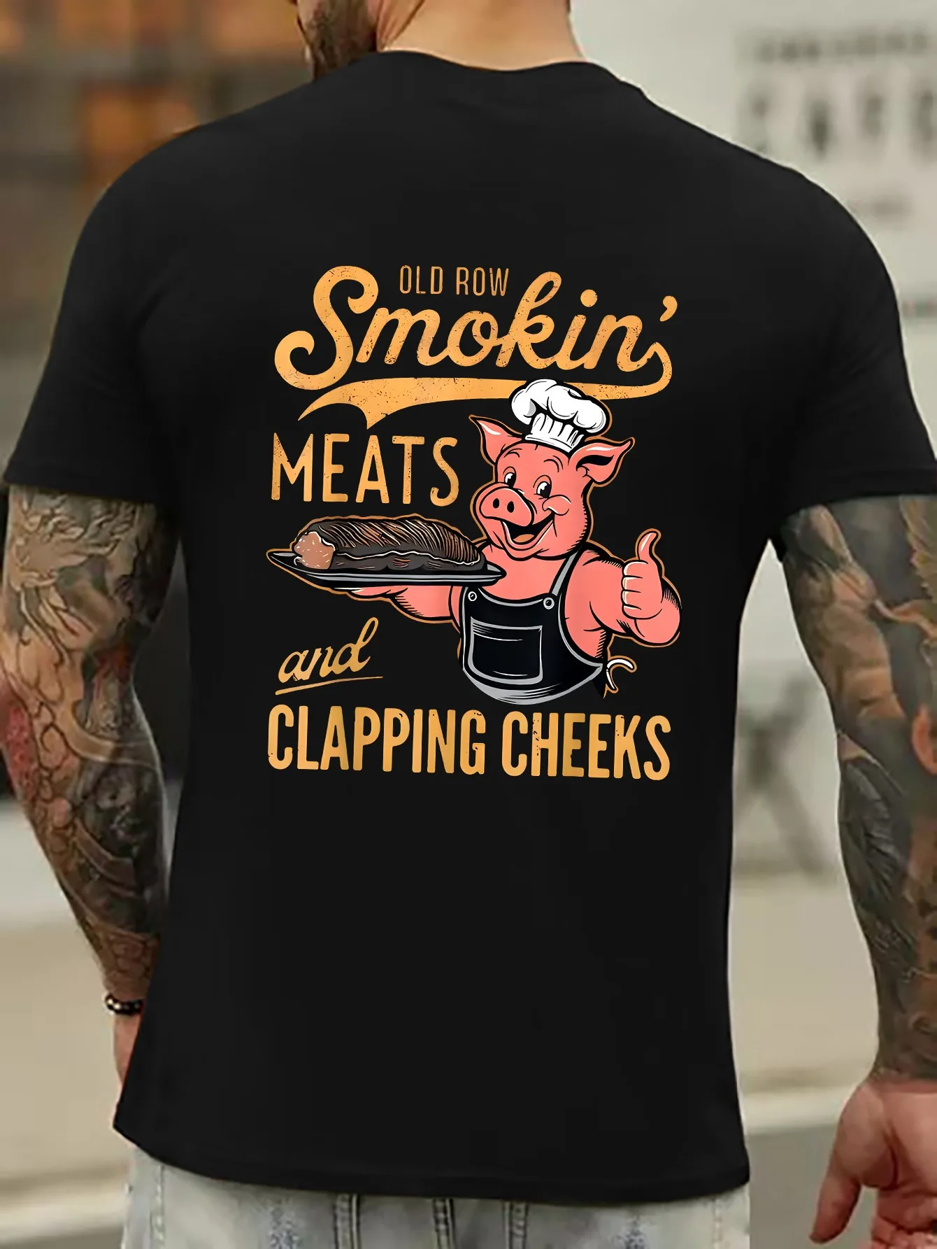 

Men's 100% pure cotton fashionable casual loose sports chef pig print round neck short sleeved T-shirt top