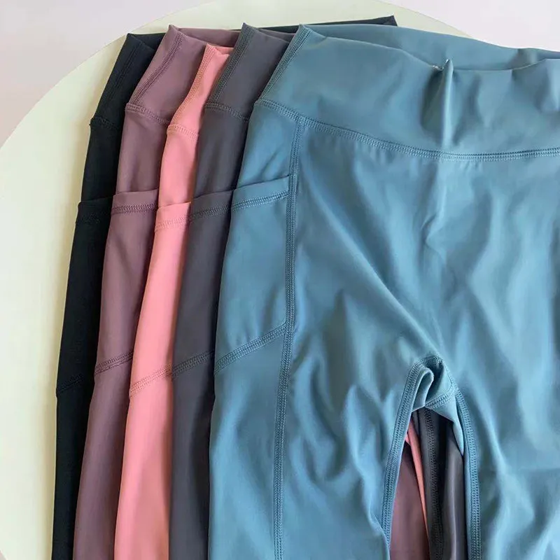 Ladies High Waist Elastic Workout Shorts, Naked Feeling, 5-Point Length, with Pockets, Cycling Gym Shorts