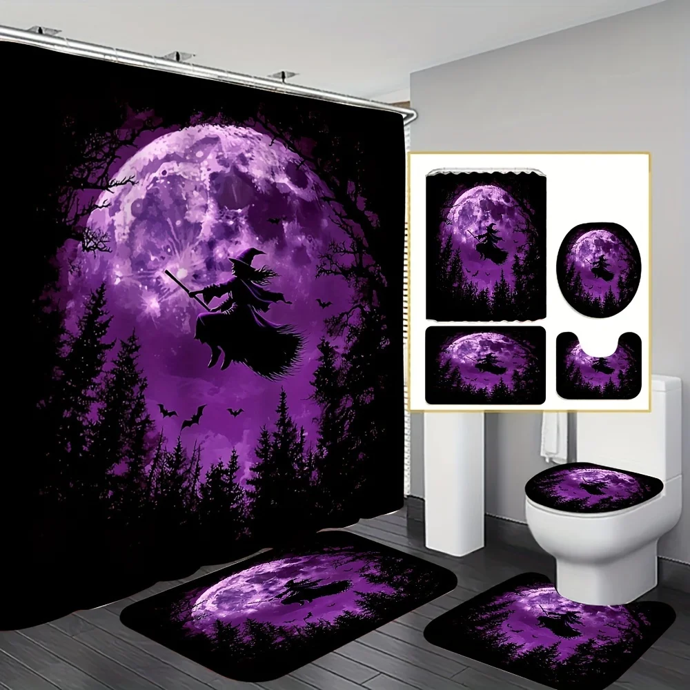 

Набор для ванной комнаты «Ведьма» из 4 предметов — занавеска для душа «Луна, летучие мыши и лес», чехол для унитаза и коврики, жуткий декор на Хэллоуин, прочный подарочный набор
