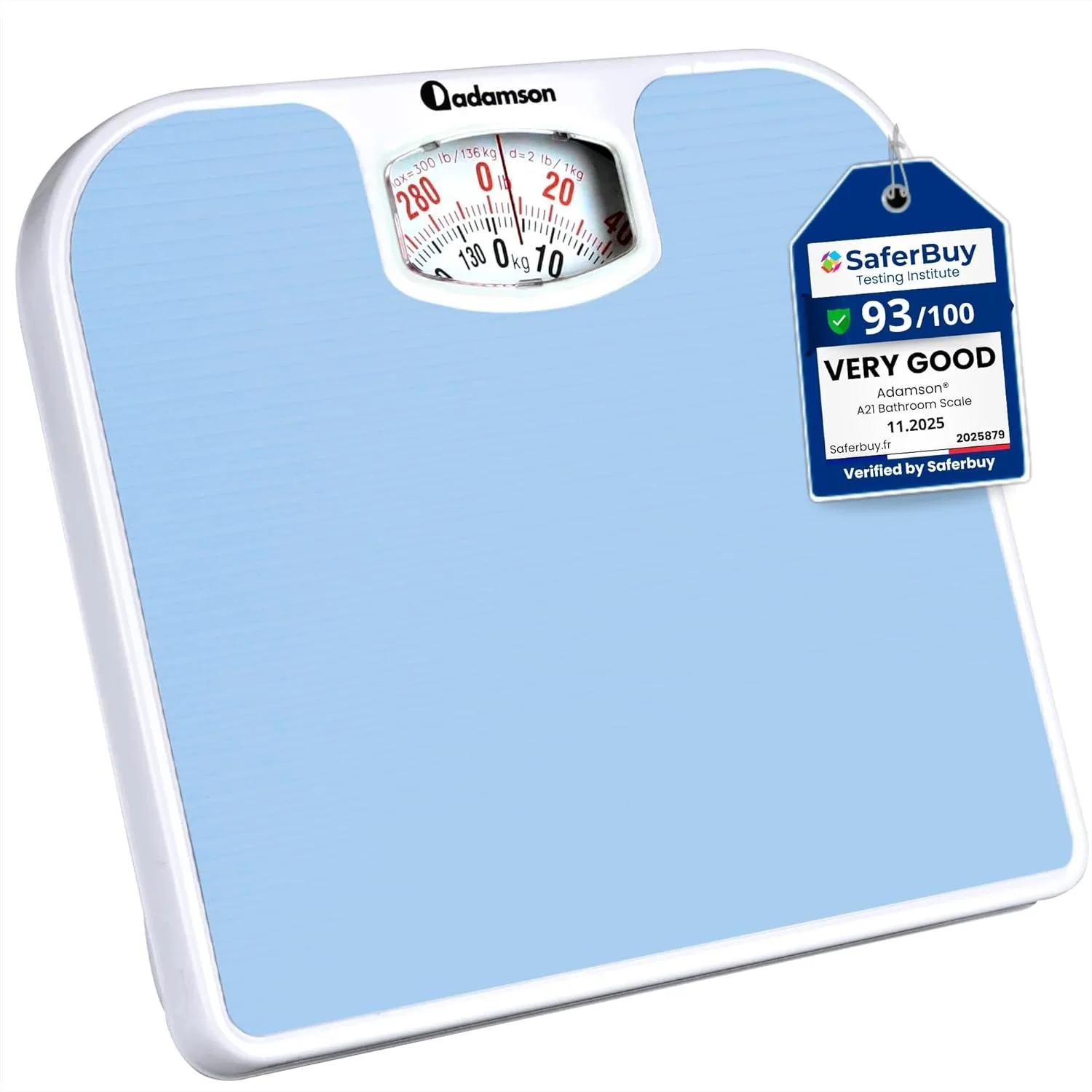 

Analog Bathroom Scale for Body Weight - Up to 300 LB - Anti-Skid Rubber Surface with Large Numbers - Light Blue