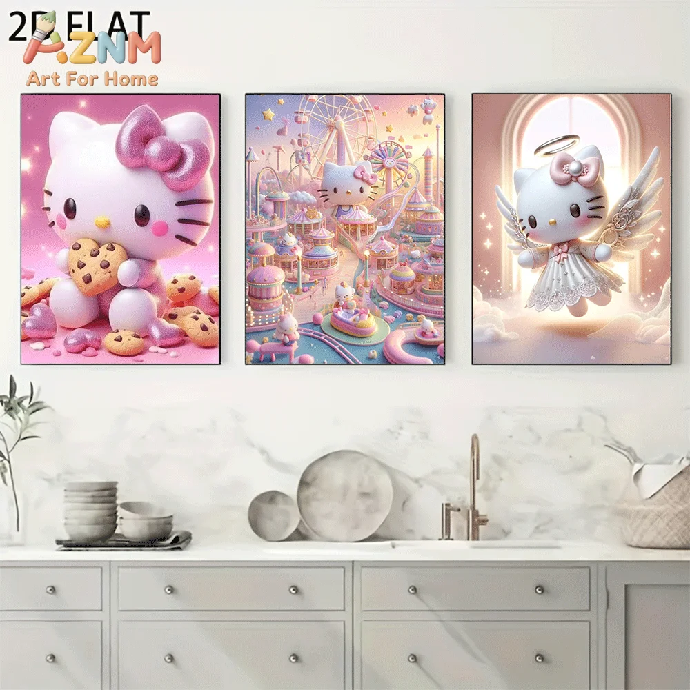 AZNM Hello Kitty Canvas Wall Art Unframed 3D Style Cute Print Poster Cookie Amusement Park Angel Wing Design for Girls Bedroom H