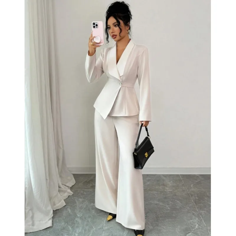 Temperament Women's Office Two-piece Set Autumn Fashion V-neck Slim Fit Jacket With Wide Leg Pants Suit Lady Solid Color Outfit