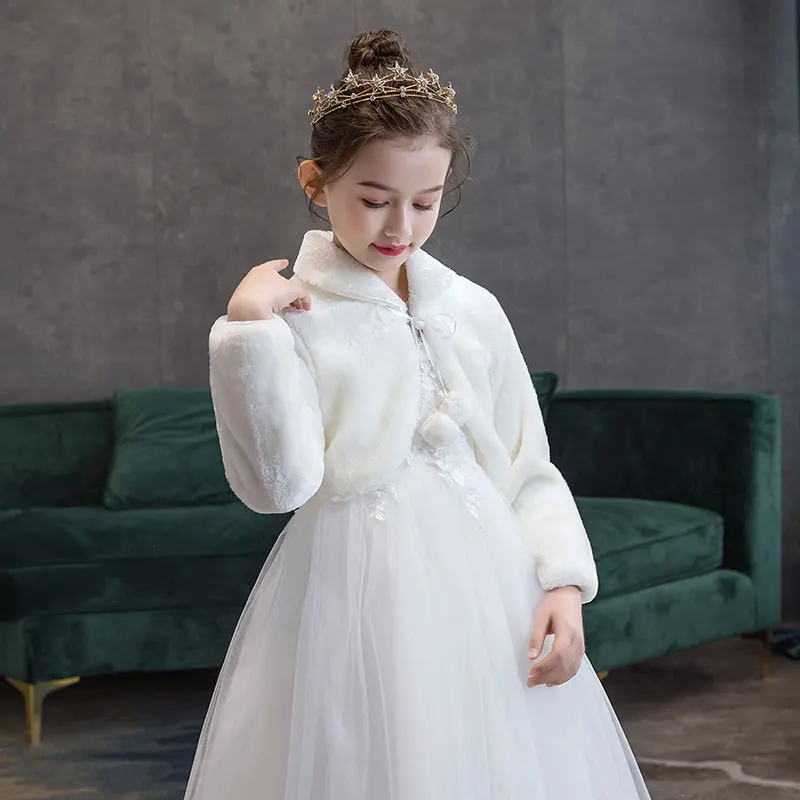 Girls Faux Fur Coat Bolero Jacket Long Sleeve Shrug Princess Cape Pom Poms Girl Dress Cover Up Wedding Christmas New Year Party