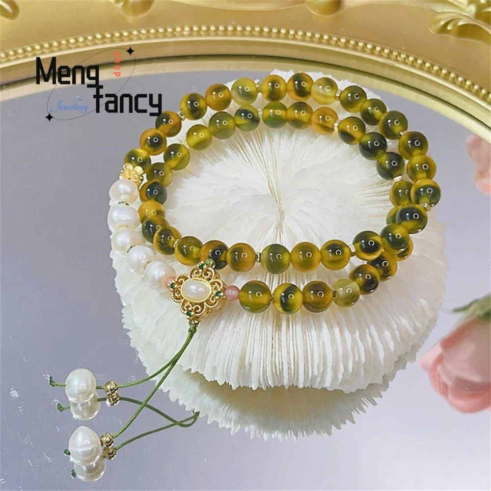 Retro simple double circle sweet heart agate hand string natural pearl multi-circle ethnic wind bracelet female ancient style