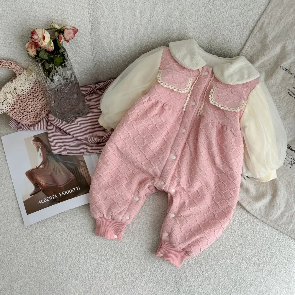 2024 Winter New in Newborn Kids Thicken Warm Clothing Outfits , Toddler Baby Patchwork Little Fragrance Style Jumpsuits Romper