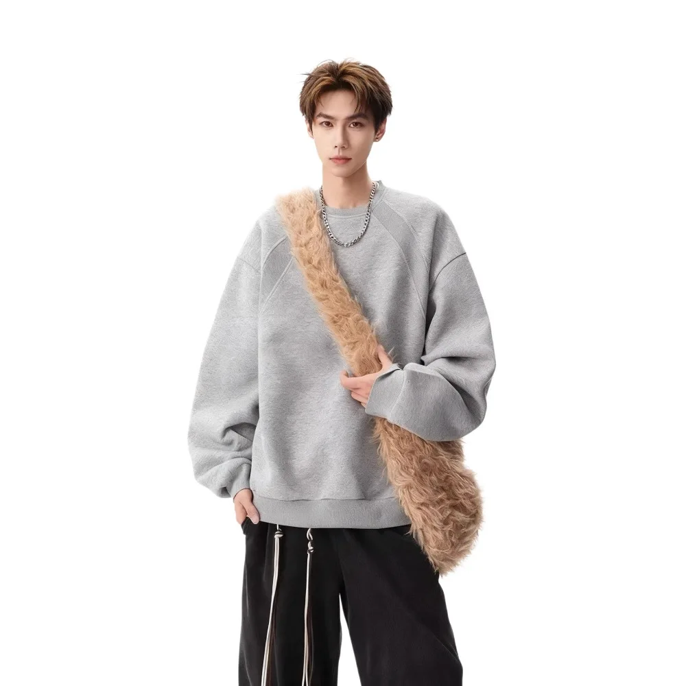 

2026 Autumn New Men's Sweatshirt Round Neck Patchwork Trendy American Style Hoodless Boxy High-End Loose Fit