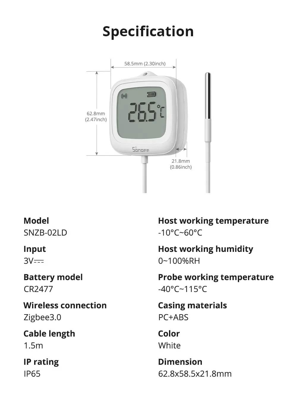 SONOFF SNZB-02LD Zigbee Smart Thermometer With Probe IP65 Waterproof Smart Zigbee Temperature Sensor For water tanks, Aquariums