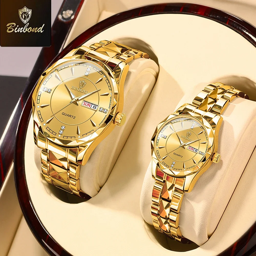 BINBOND Fashion Couple Watches Diamond Valentine Day Lover Gift Stainless Steel Waterproof Watch Men Women Quartz Watch 2pcs/Set