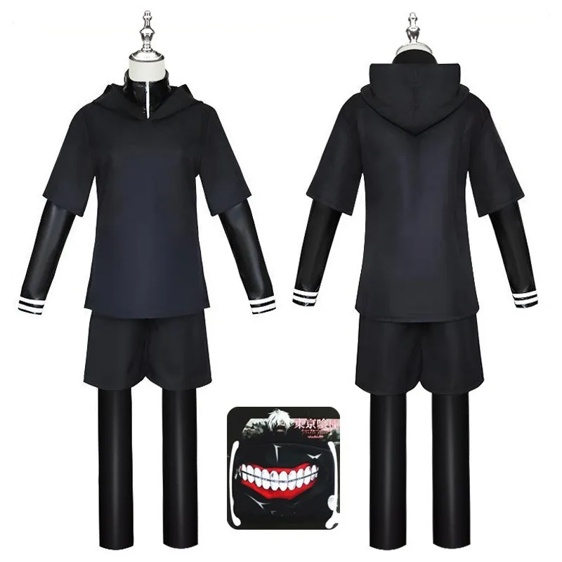 Kaneki ken cosplay traje com capuz jaqueta calças conjunto completo uniforme de luta de couro preto feminino masculino traje de halloween com máscara peruca