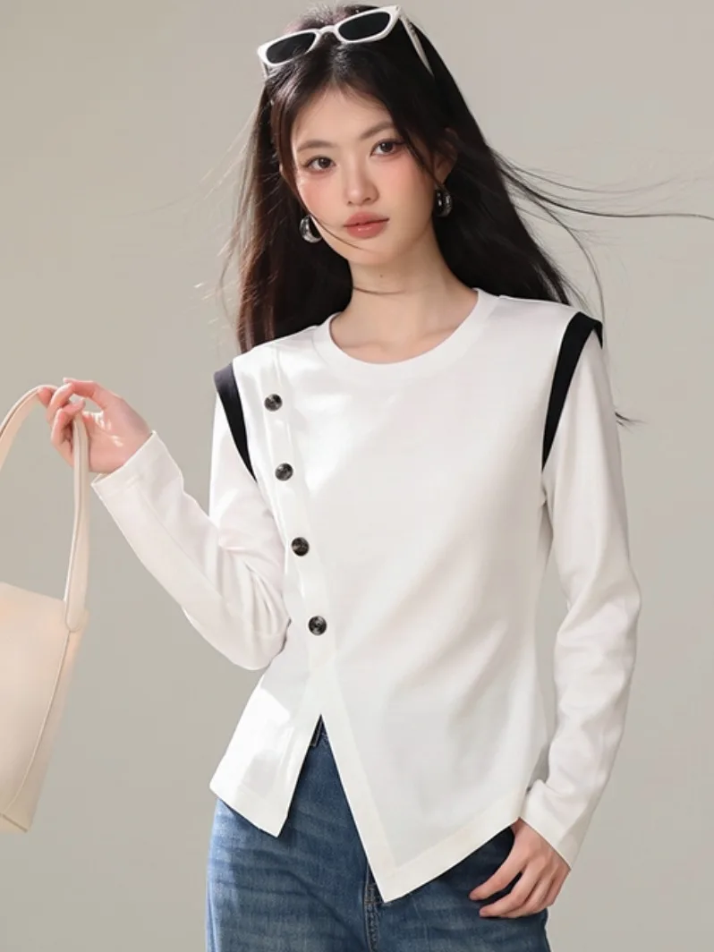 Slim Fit Long Sleeve Base Shirt Women's Fashion Knitted Top Button Design Casual Wear mid Waist Construction Open Split Design