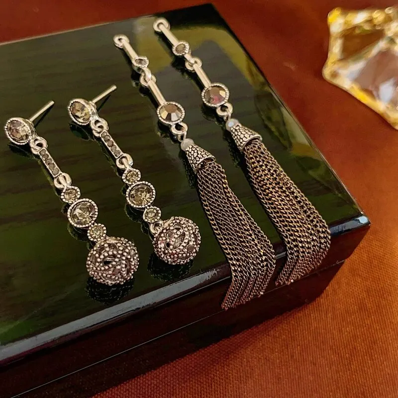 Antique Silver Rhinestone Earring For Women Round Ball Long Fringe Tassel Earrings Retro Style Simple Drop Earrings for Party K-