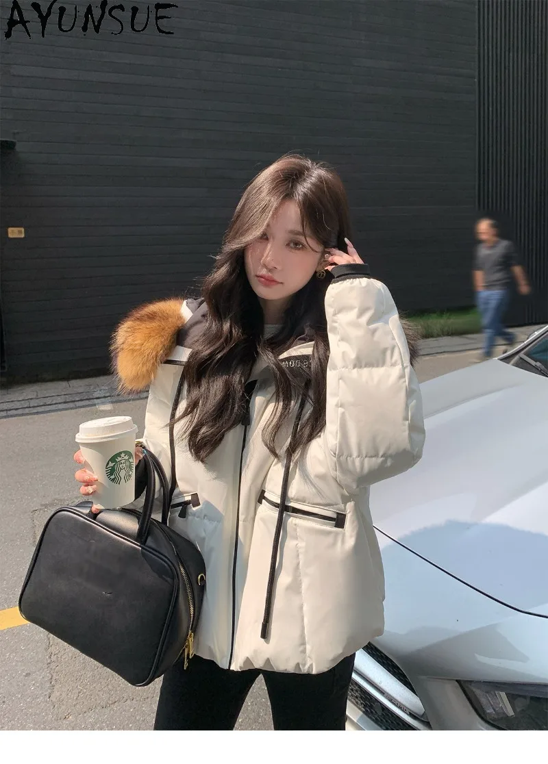 AYUNSUE Large Raccoon Fur Collar Coat 90% White Goose Down Jacket Womens Winter Clothes Short Length 3-Proof Outerwear Loose Fit