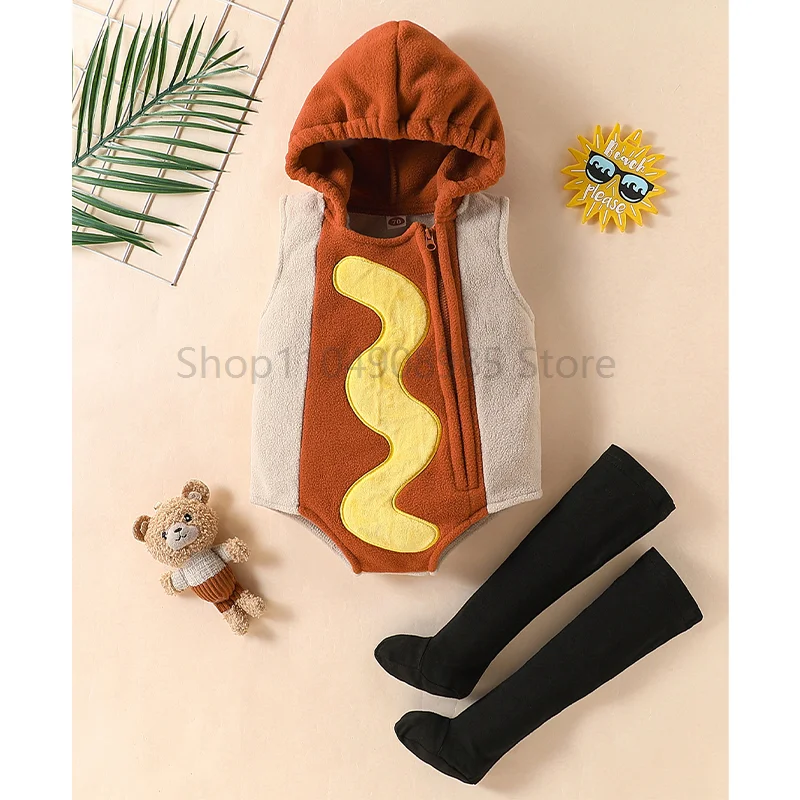 

Toddler Boy Hotdog Food Hooded Romper With Stocking Party Dress Up Baby Girl Little Hot Dog Costume Economic