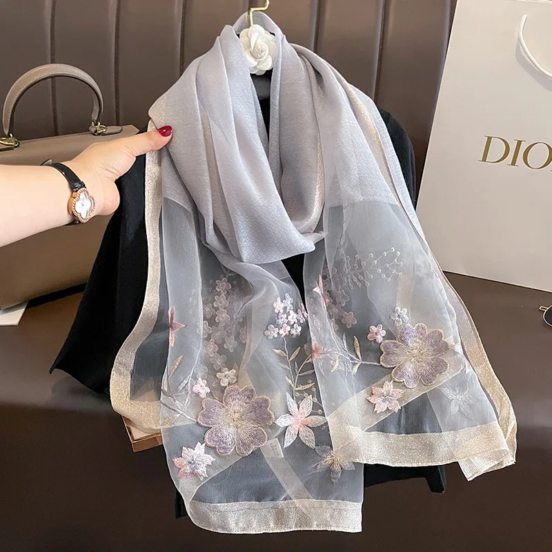 

New Women Silk Wool Scarf Floral Embroidery Hijab Female Foulard Spring Summer Thin Pashmina Shawl Wrap Bufanda Headscarf Stoles