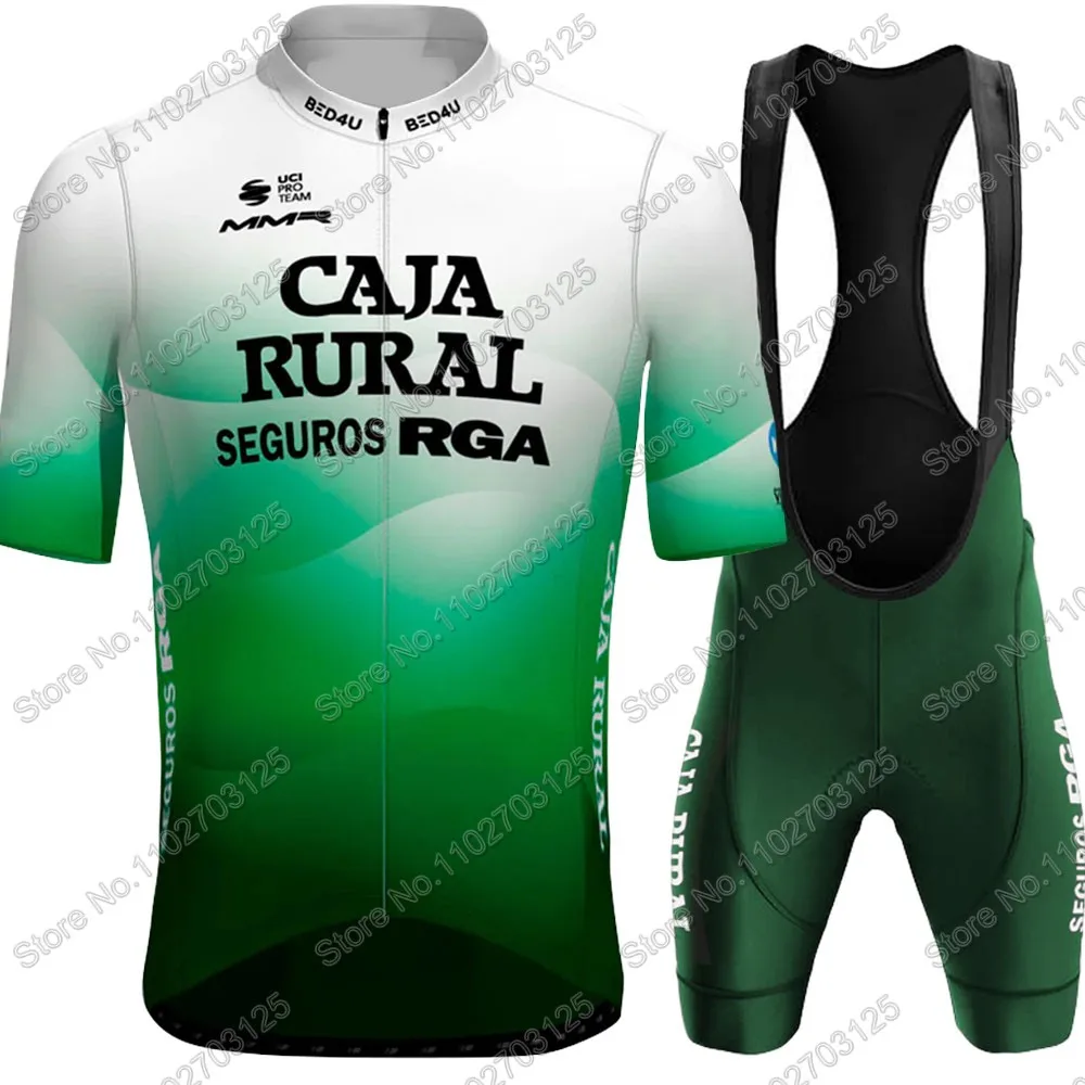 Conjunto de ropa de ciclismo del equipo Caja Rural de España para hombre, traje de camiseta y pantalones cortos con pechera para bicicleta de montaña, color verde MMR, para verano, 2024