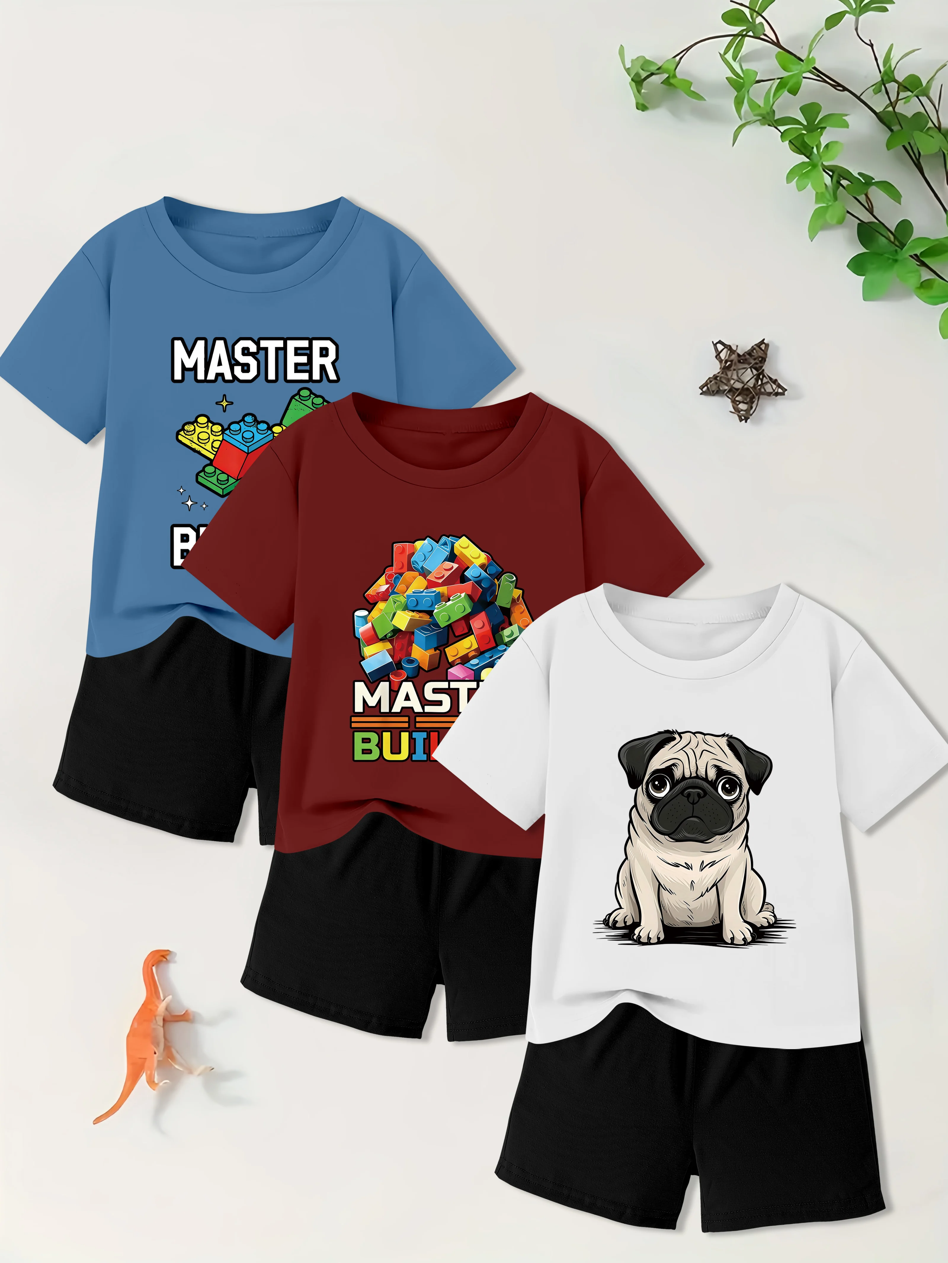 

6 предметов: летний повседневный комплект для мальчиков, футболка с графическим принтом и изображением мультяшного шар-пей и строительных блоков + шорты