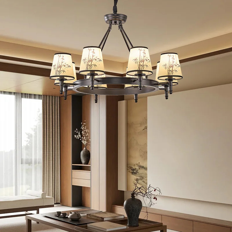 الثريا مصباح غرفة المعيشة ورقة الخيزران زن غطاء قماش صيني جديد فن بسيط قاعة المد الصينية المصباح الرئيسي #4