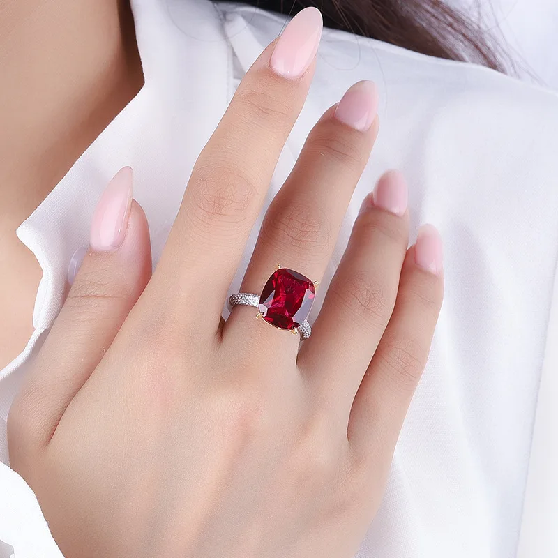 New S925 Silver Color Treasure Emerald Red Treasure Rectangular Ring Main Stone 12 * 14 Jewelry Wholesale