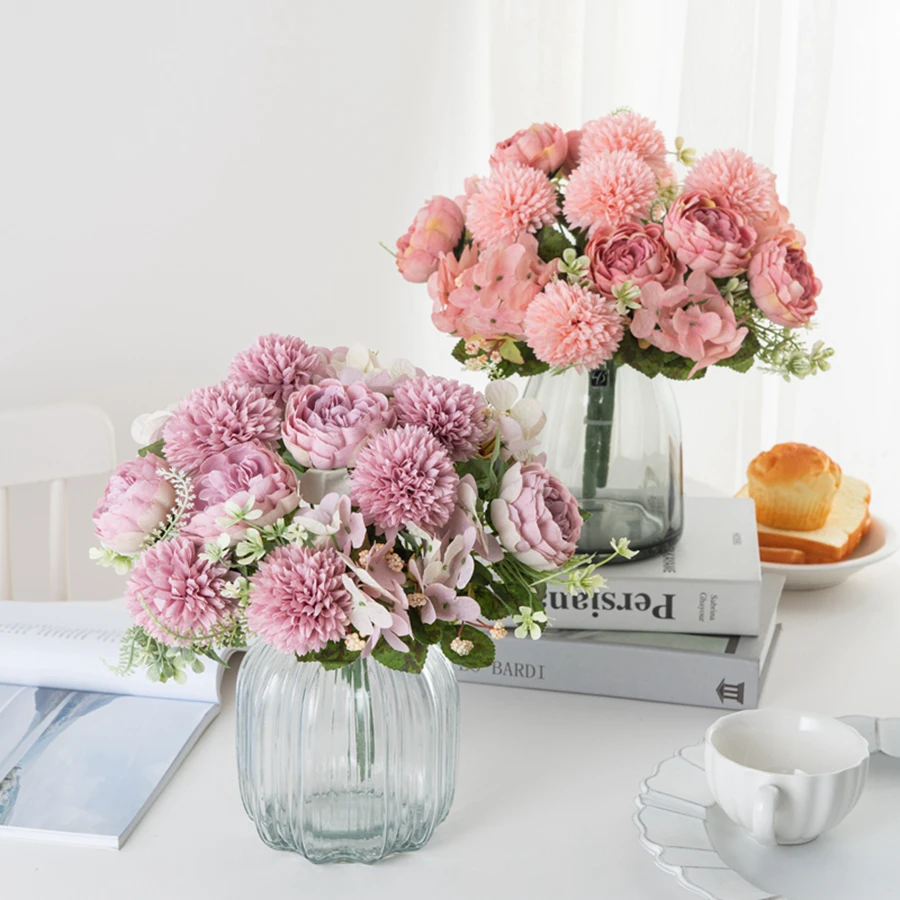 5-teiliges Set Künstliche Pfingstrosen-Seidenblumen, Hochzeits-Hortensien-Bouquet, Festdekoration, Vase, Heim-, Zimmer-, Tisch-, Hof-, Garten-Deko, DIY-Geschenk-Requisite – Detail 1