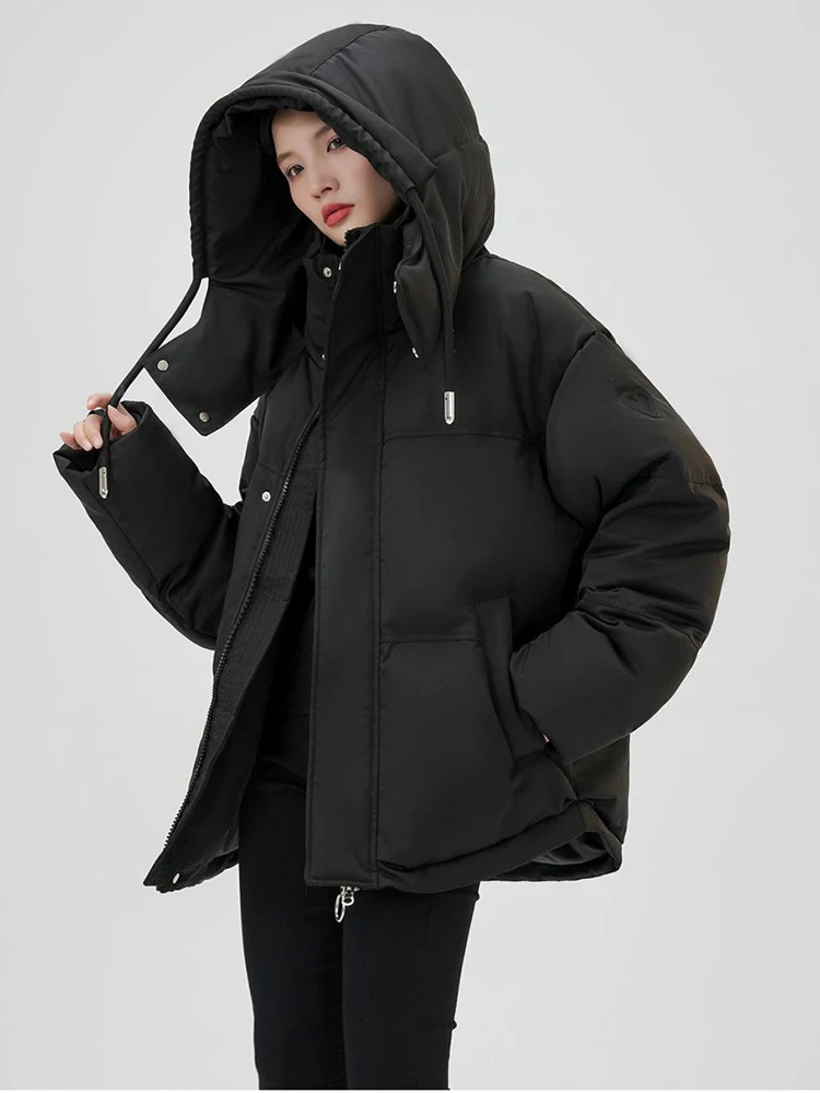 Winter Cotton Padded Puffer Parka Women Thick Warmer Loose Hooded Jacket Long Sleeve Pocket Zipper Coat Outerwear Female