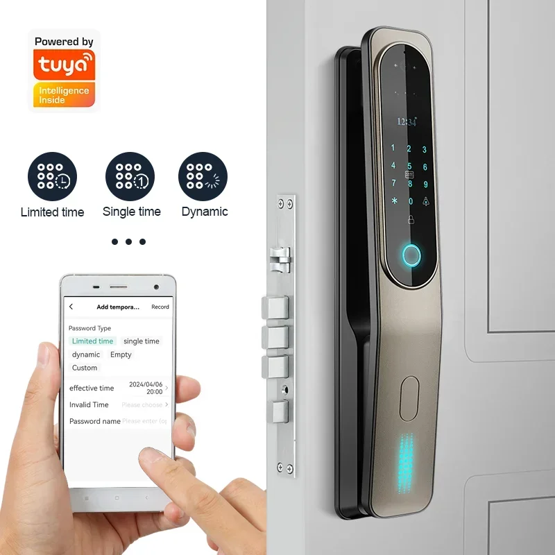

005Electric Tuya App 3D Face Recognition Smart Doorlock Fingerprint Biometric Password Full Automatic Wifi Door Lock with Camera