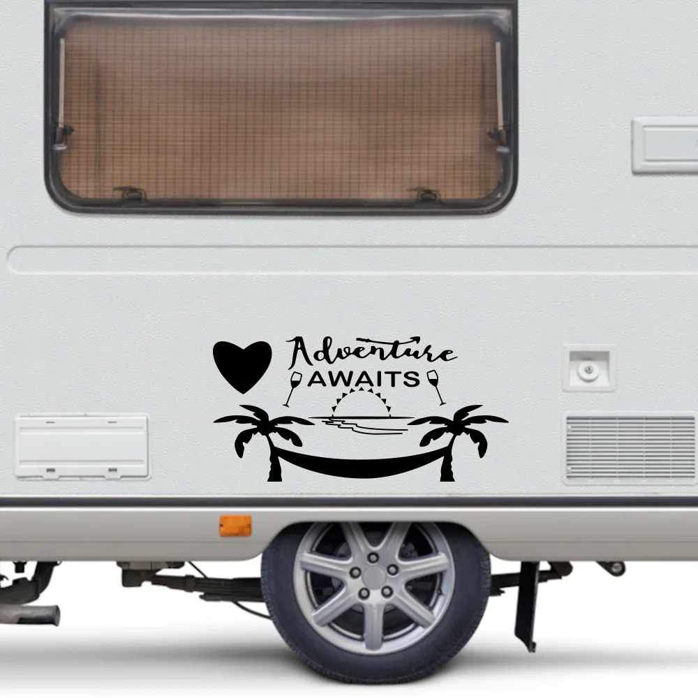

Car Stickers Graphics Adventure Awaits Camping Decor Decal For Motorhome Horsebox Caravan RV Camper Van Panel MPV Cargo Minivan