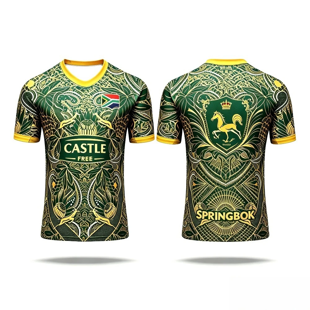 Mens Fashion Rugby Shirts - เสื้อรักบี้ผู้ชายแขนสั้นคอวีลายชนเผ่าแอฟริกันสีเขียวทอง แรงบันดาลใจจากแอฟริกาใต้ เสื้อกีฬาสำหรับแฟนกีฬา
