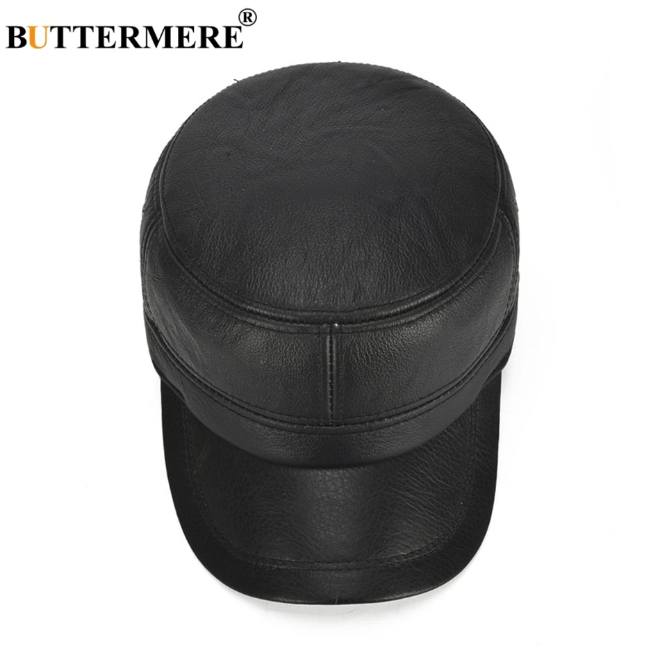 BUTTERMERE Men Cap Military Leather Brown Navy Captain Hat Real Cowskin Leather Adjustable Army Caps Male Winter Fiddler Hats