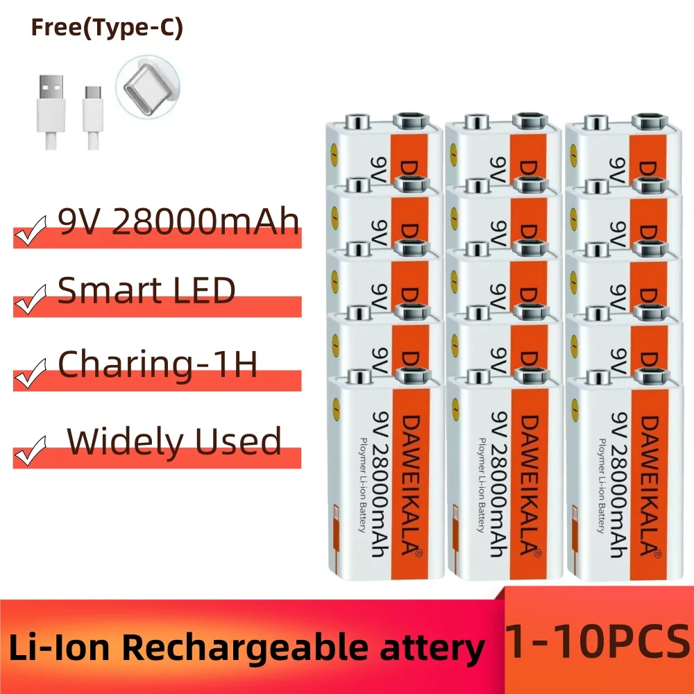 

2025 9V battery 28000mAh li-ion Rechargeable battery Type-C Battery 9v for Multimeter Microphone Toy Remote Control KTV use