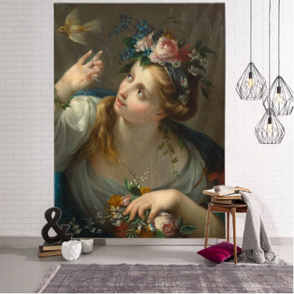 Retro Figure Oil Painting Printed Tapestry Wall Background Poster for Studio Living Room Sofa Bedroom Home Decor