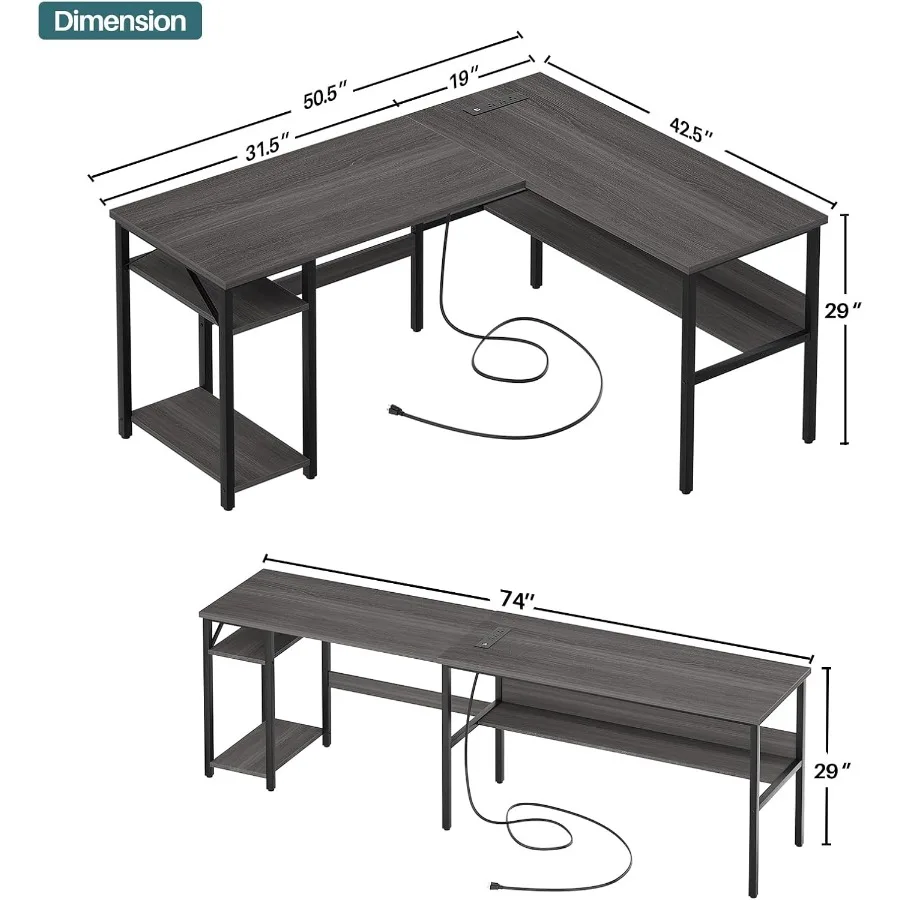 مكتب على شكل حرف L قابل للعكس مع منافذ طاقة سحرية ومنافذ شحن USB للمكتب المنزلي وإعداد الألعاب وحساب زاوية قوي #3