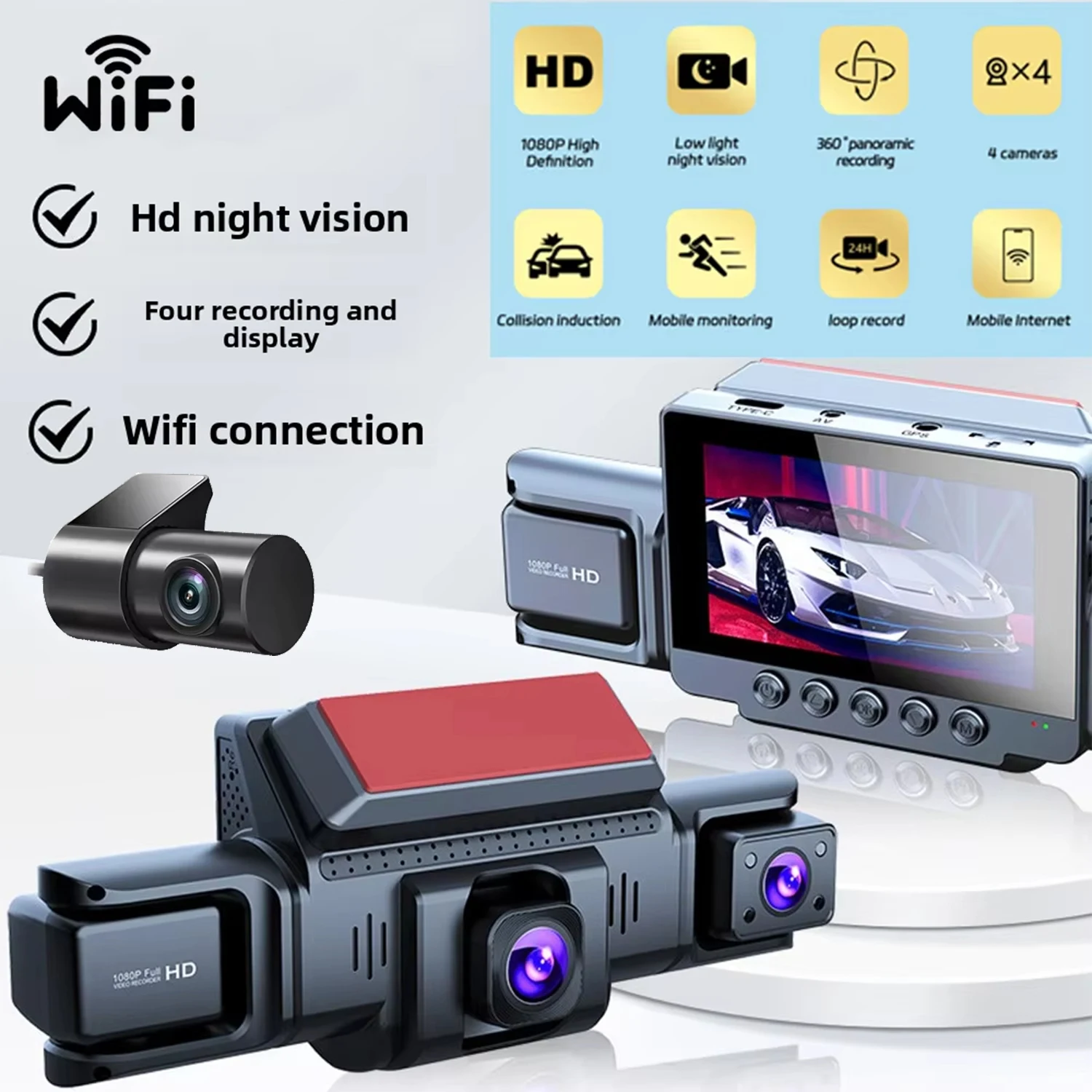 4 Channel WiFi Dash Cam1080P Dash Camera 3-in IPS Screen Dashcam with 360° Surveillance APP Control 24H Parking