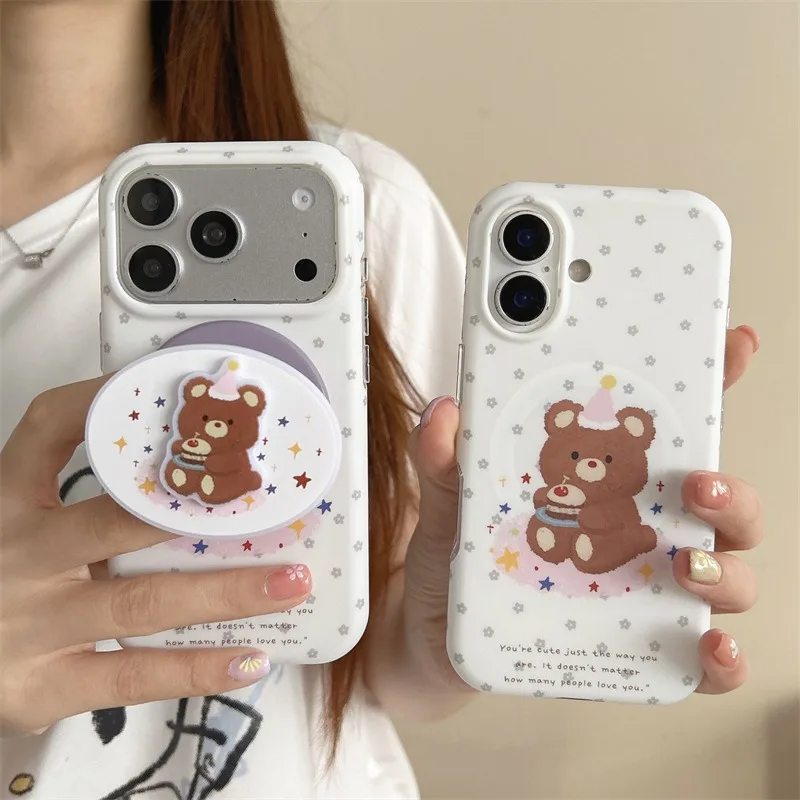 

Birthday Bear Holder Magnetic Phone Case For iPhone 17 16 15 14 Pro Max Full Cover