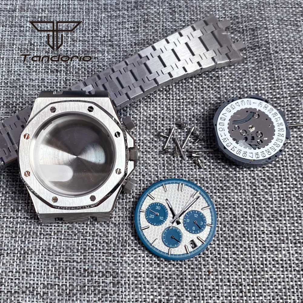 Stainless Steel Brushed 42mm Watch Case Bracelet Octagon Bezel Sapphire Crystal Fit VK63 VK64 Chronograph Quartz Movement