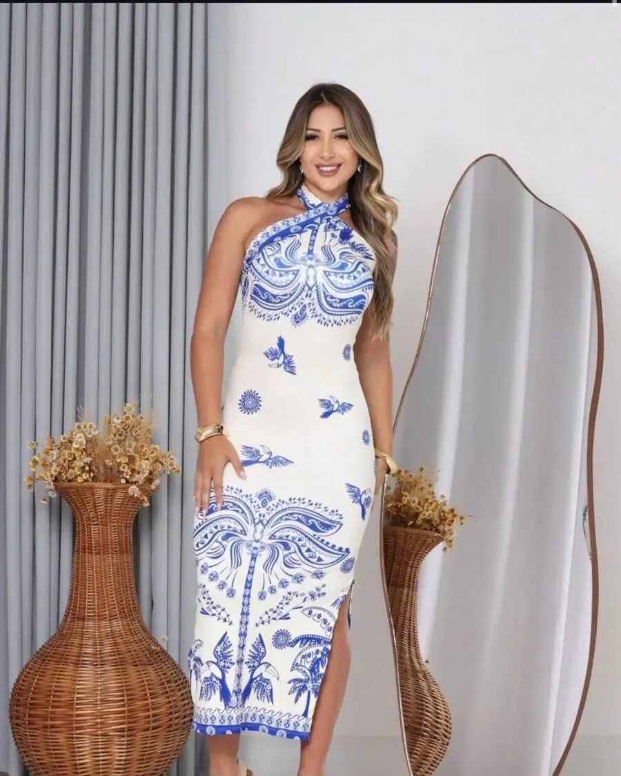 Neckholder-Cheongsam-inspiriertes Midikleid, figurbetontes Kleid mit Schlitz in Blau und Weiß mit Porzellan-Print für elegante Freizeitkleidung