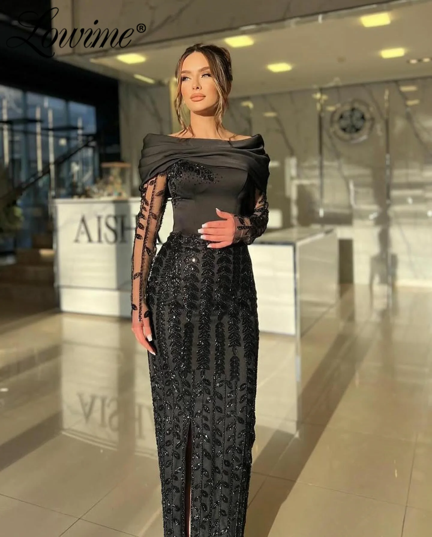 Elegant Black Evening Dress Long Sleeves Arabic Party Gowns Vestidos De Noche 2024 Split Side Aso Ebi Beaded Prom Dresses Robes