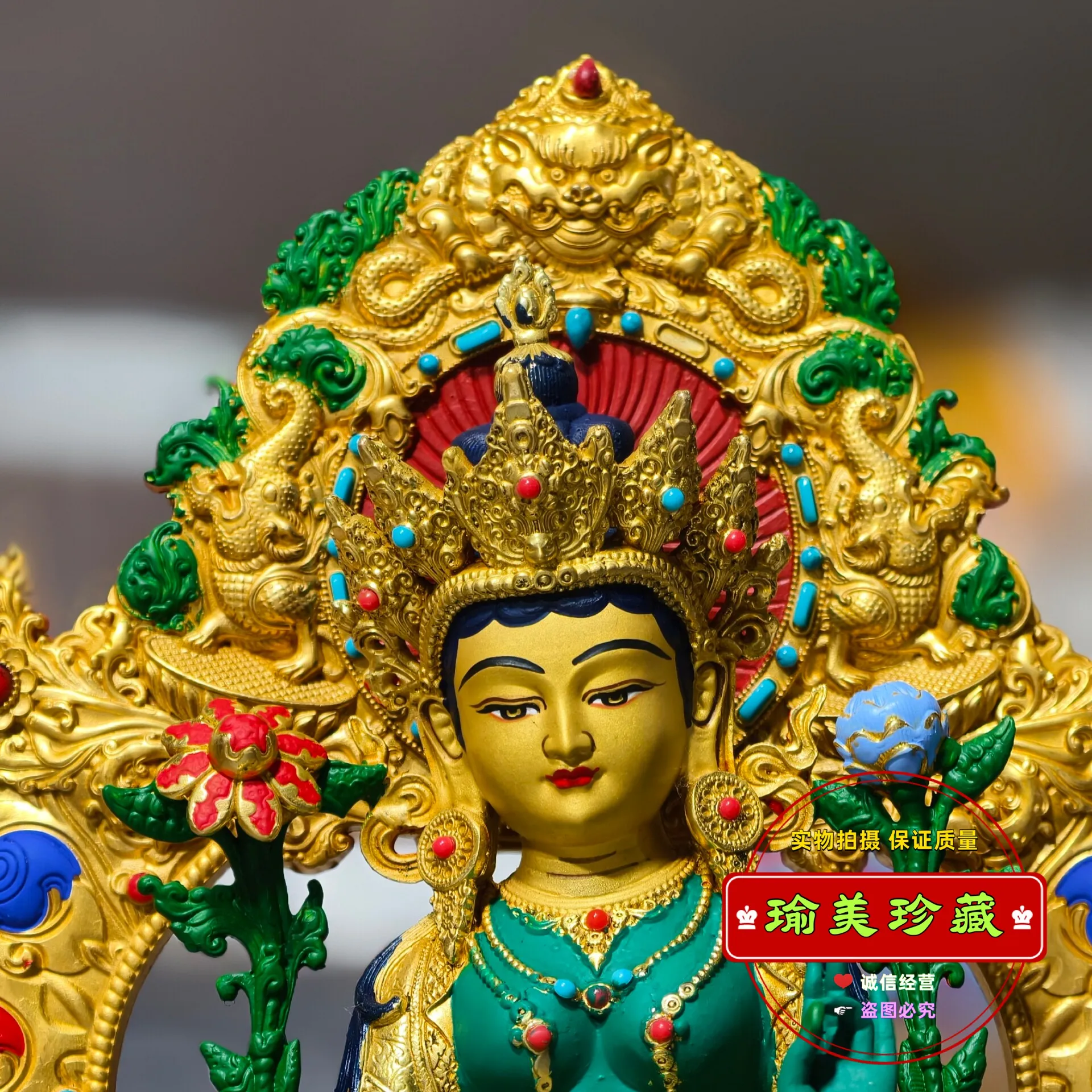 Painted seven-inch green Tara pure copper gilt Buddha statue ornament, purely hand-painted, 7-inch Zhuoma Tibetan Esoteric Buddh