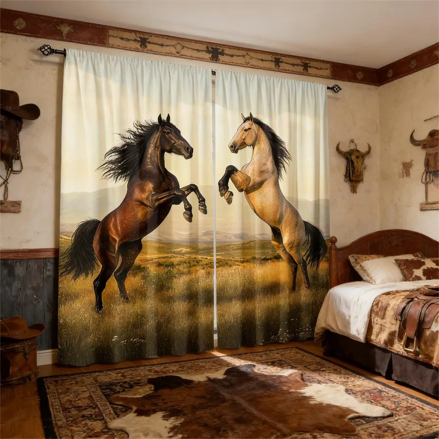 2PCS Digital Print Curtain, Grassland Wild Horse Running Nature, Equestrian Rustic for Living Room Bedroom Kitchen Decor