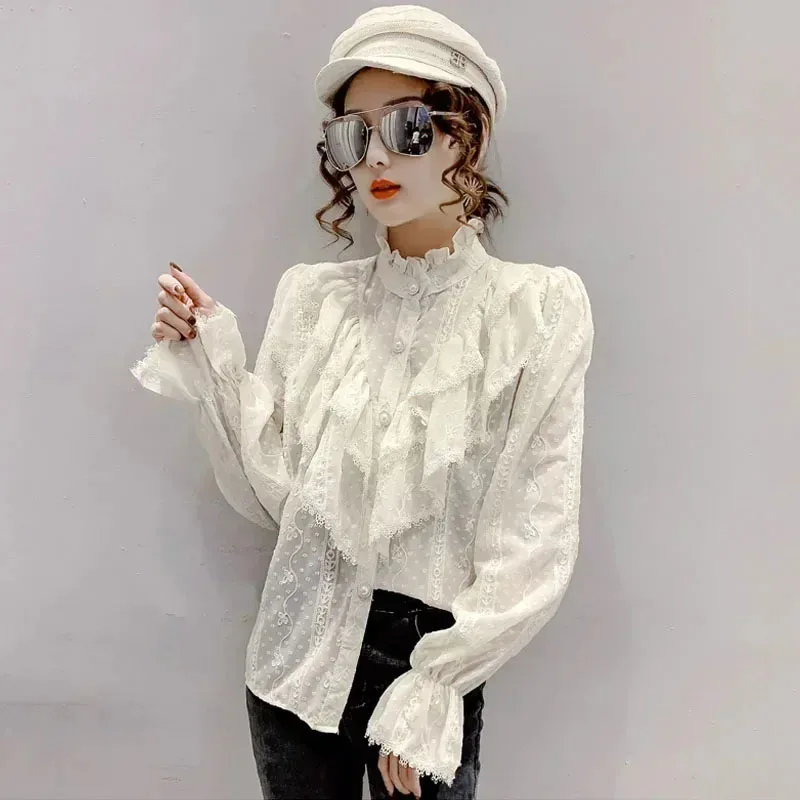 Long Sleeve Loose Spring Fashion Button White Shirt Elegant Stand Collar Pleated Tops Casual Ruffle Lace Blouse Blusas 15832