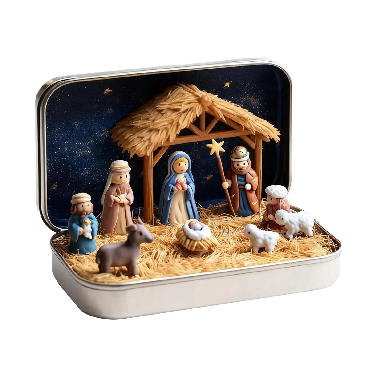 Conjunto de presépio de natal em uma caixa de lata artesanal tamanho de bolso presépio ornamento religioso para casa de igreja